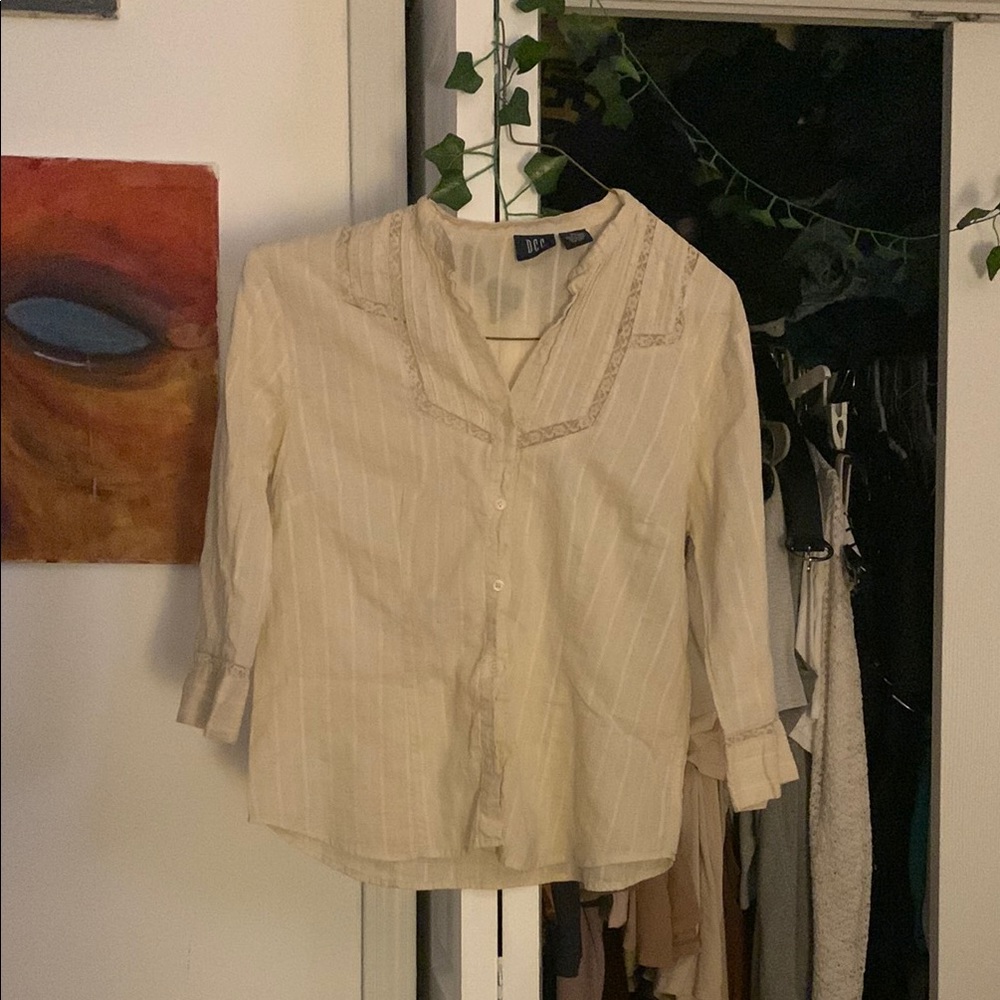 Tan and Cream Ruffled Blouse with Cuffed Sleeves